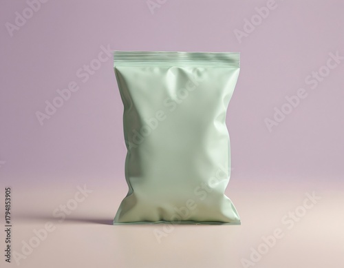 Blank flat rectangular flow pack mockup on neutral background, matte packaging design