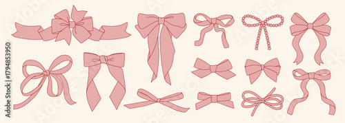 Set of Christmas ribbon bows for gift, to decorate present. Simple pink decorative holiday bow outline and silhouette for gift wrapping for birthday, New Year. Isolated Flat Vector EPS10