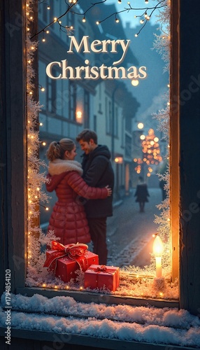 Romantic couple celebrating Christmas in a snowy street with gifts and candles copy space