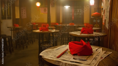 Atmospheric Traditional Chinese Restaurant Interior Night