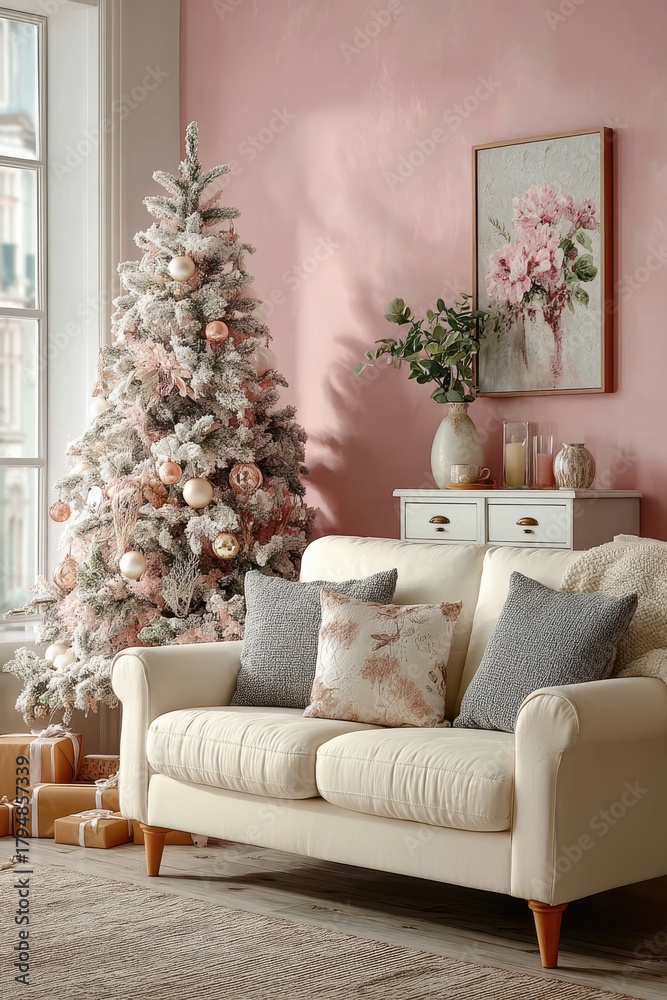 Naklejka premium Pastel Christmas living room scene with frosted tree, cozy sofa, decorative cushions, and wrapped gifts