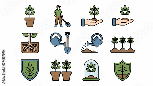 Gardening and Planting Icons Depicting Growth and Cultivation with Various Tools and Environments Illustrated on a White Background