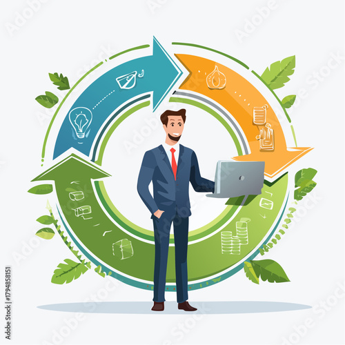 Modern business professional managing circular economy concepts with a laptop, surrounded by green foliage representing sustainability and growth