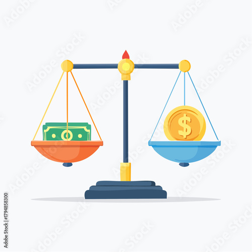 A flat vector illustration of a scale balancing a stack of cash money against a large gold dollar coin, symbolizing financial equilibrium and value