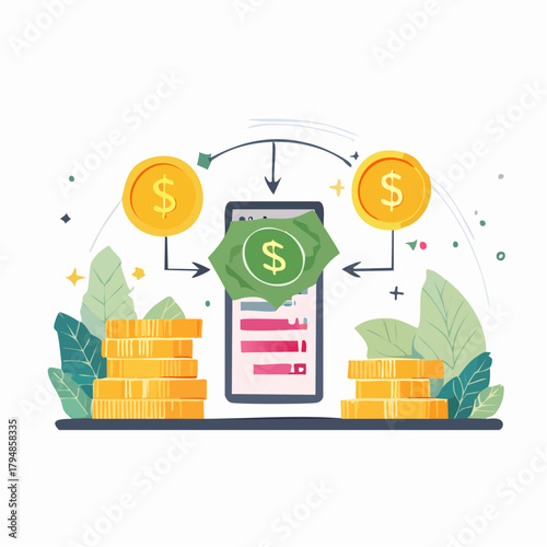 Vector illustration concept for mobile banking and online payments, showing a smartphone transferring digital money, coins, and banknotes for financial technology and e-commerce