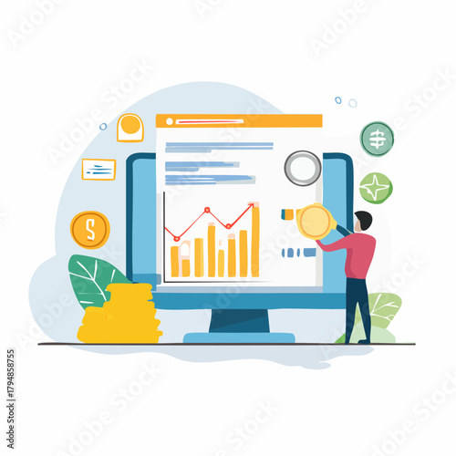 Financial Analysis Report with Graphs and Person Placing Coins
