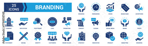 Branding icon set. Containing marketing, product, brand value, design, logo, brand development, social media, advertising and loyal customers icons. Solid icon collection.