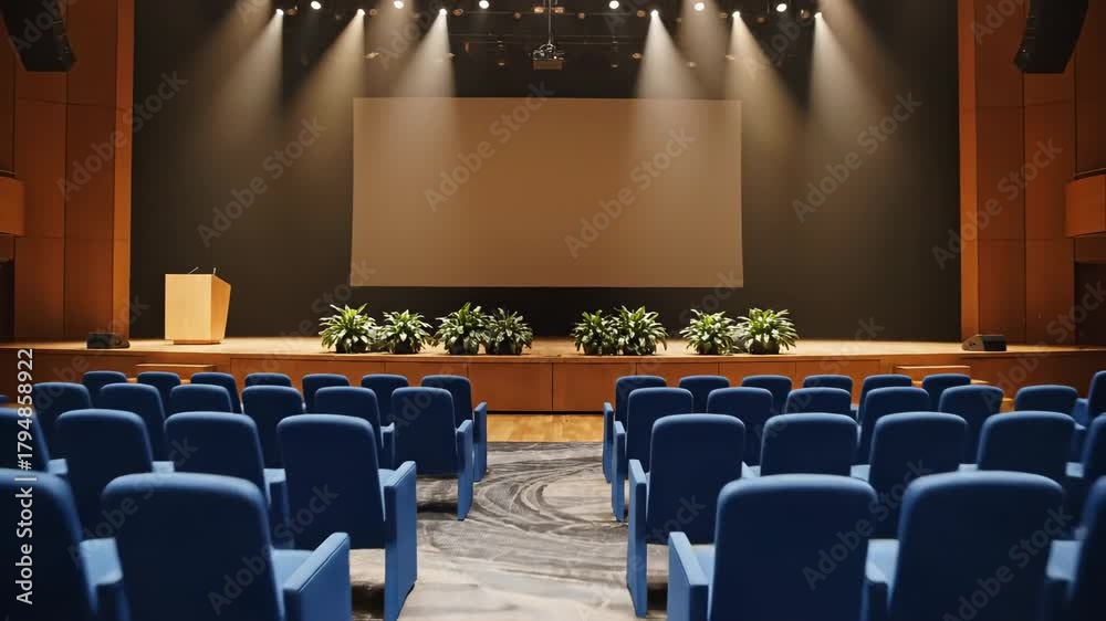 Video flyover above empty seats in a conference hall with a blank white screen on the wall, a modern space designed for business meetings and corporate presentations