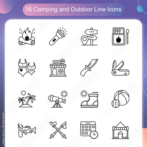 Camping Outdoor Icons – Line Style Set 3