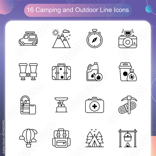 Camping Outdoor Icons – Line Style Set 1