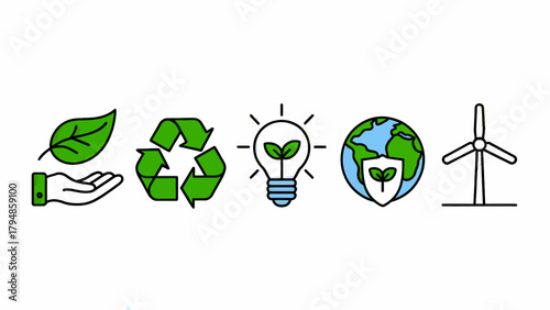 Illustrations representing environmental protection renewable energy and sustainable practices for a better planet and future living