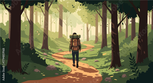 Hiker trekking through forest path adventure travel