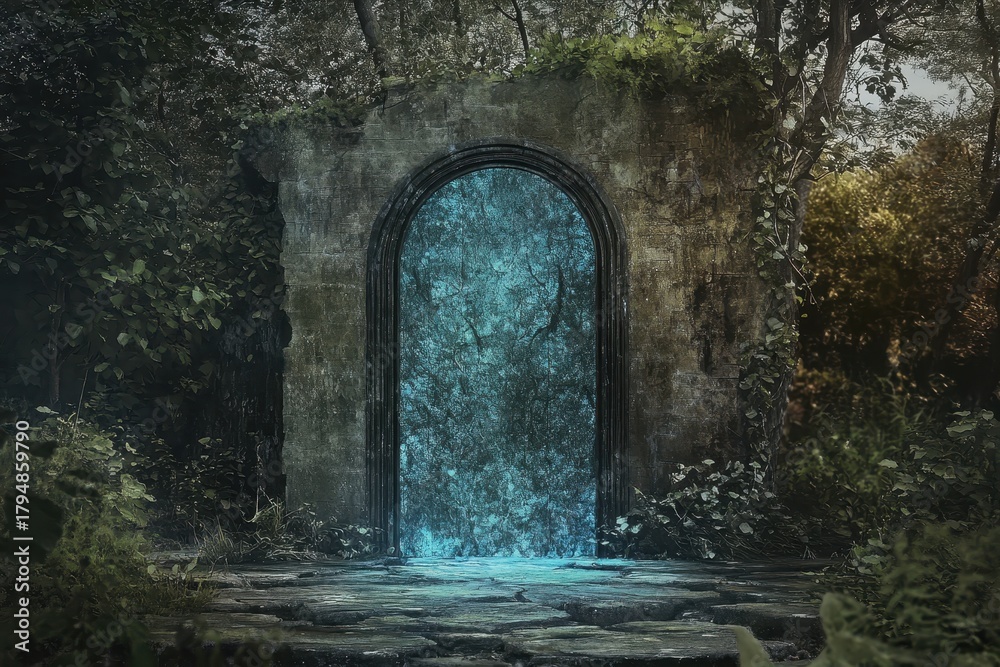 Obraz premium Door to the future, future ancient time portal, portal door, door in nowhere