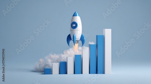 Rocket launch from rising bar chart showing business growth