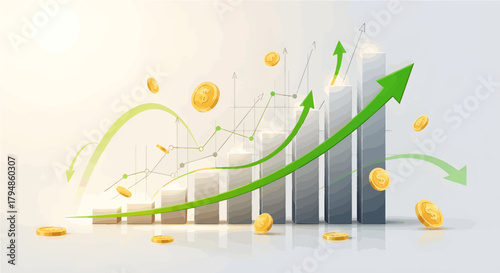 Financial growth chart with rising coin wealth, success