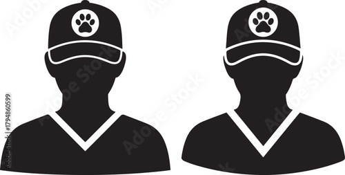 Two identical figures wearing caps with paw prints silhouette
