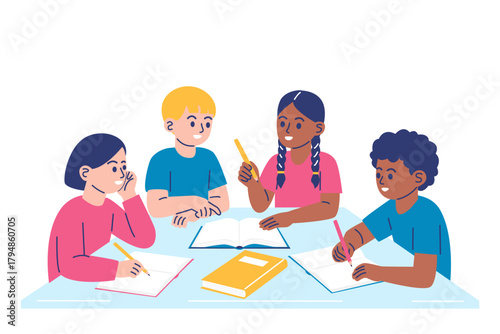 Group of diverse children studying and working together at a table