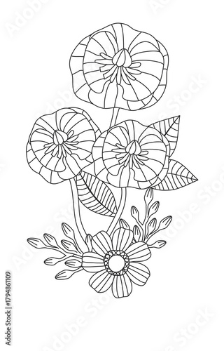 Hand drawn black and white illustration of a bouquet of flowers and leaves