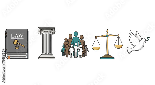 A collection of icons representing law, justice, community, and peace.