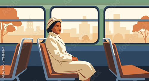 Woman in a light coat and hat sits on a bus, looking out the window.