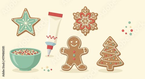 A festive collection of decorated gingerbread cookies for Christmas, including a gingerbread man, star, and tree with icing and sprinkles.