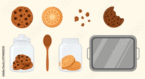 A collection of various cookies, jars, a spoon, and a baking tray on a light background.