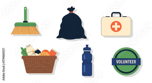 Vector illustration of volunteer work equipment: broom, trash bag, first aid kit, basket with food, water bottle, volunteer badge.