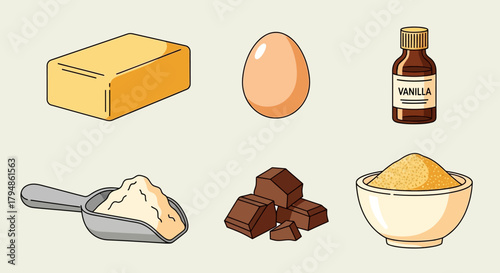 Illustrated collection of common baking ingredients like butter, egg, vanilla, flour, chocolate, and sugar.