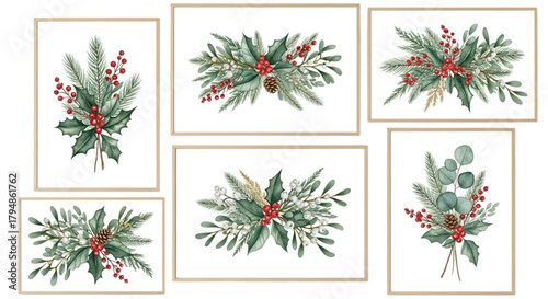 Watercolor Christmas Greenery Arrangement Set – Holly, Pine & Berries
