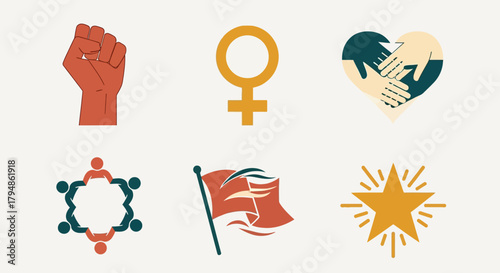 Collection of diverse icons representing social movements, unity, and empowerment, with symbols.