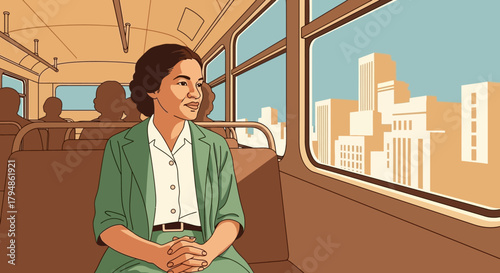 Rosa Parks sitting on a bus, looking out the window at a city skyline.