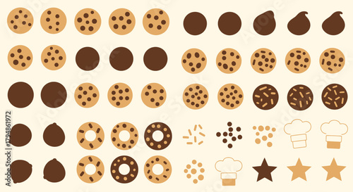 A diverse collection of illustrated baking and confectionery icons, including cookies, donuts, and chocolate.