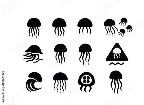 Collection of black jellyfish silhouettes with fun and unique designs