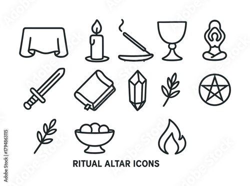 Ritual altar icons: candle, crystal, sword, pentagram, meditation symbols