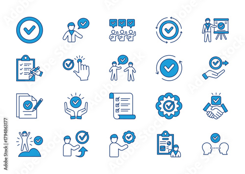 Checkmark thin blue icon set. Containing check, accept, agree, complete, correct, checklist, selected, approve, done, give permission. Vector illustration