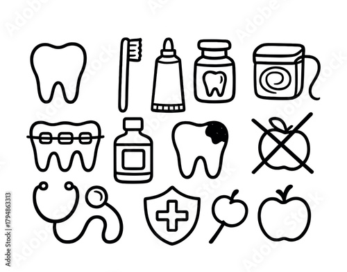 Dental health icons set featuring tooth, toothbrush, toothpaste, floss, mouthwash