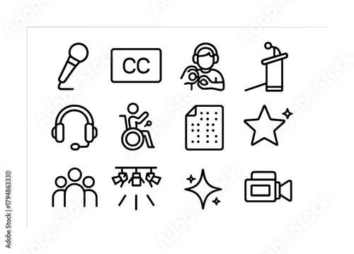Accessibility and communication icons: microphone, headset, braille, sign language, wheelchair, closed captioning