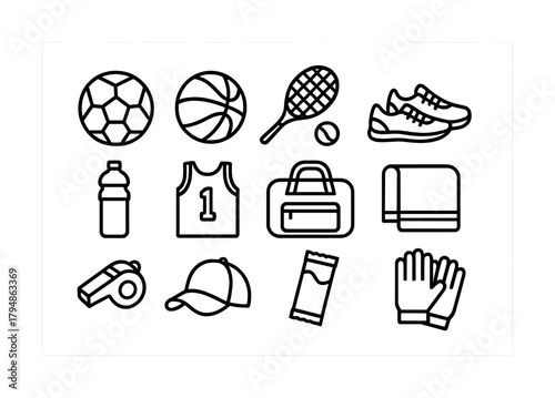 Sports equipment icons: soccer, basketball, tennis, accessories, and clothing