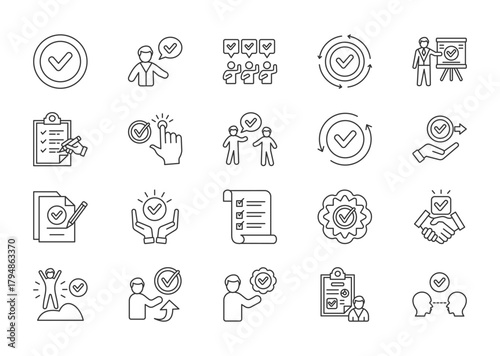 Checkmark thin line icon set. Containing check, accept, agree, complete, correct, checklist, selected, approve, done, give permission. Vector illustration