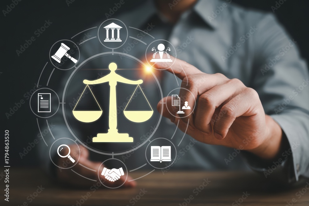 Naklejka premium Legal justice law attorney lawyer court scale judge agreement document book search hand case