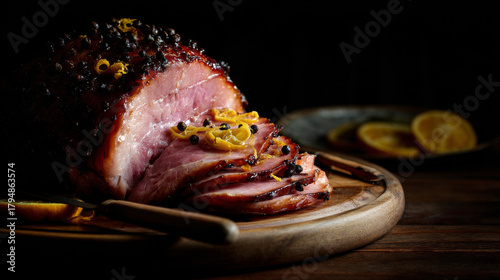 Traditional festive ham. Glazed wit honey and garnished with cloves and citrus. An indispensable part of every holiday table. Generative AI image