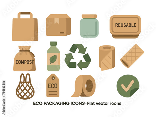 Eco packaging icons: reusable, compostable, and recyclable materials