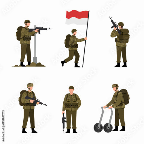 Flat vector set of military soldiers showing various actions, including carrying the Indonesian flag and tactical gear.