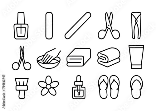Line art icons of manicure tools and spa accessories