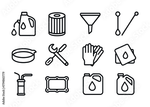 Automobile maintenance icons: oil change supplies and tools guide