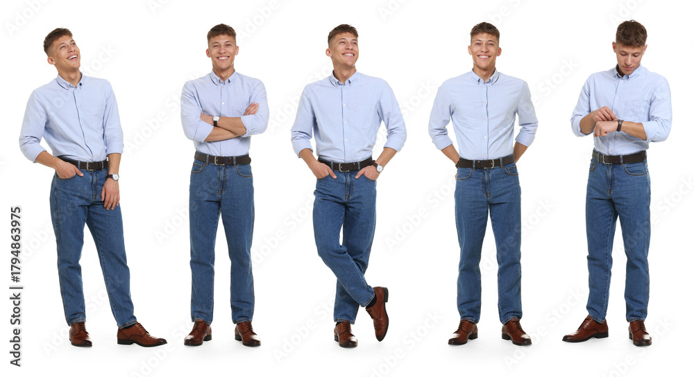 Obraz premium Young man wearing blue jeans on white background. Set of portraits