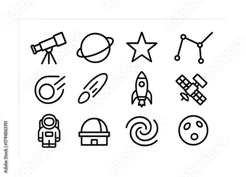 Astronomy outline icons set: telescope, rocket, astronaut, planet, space station