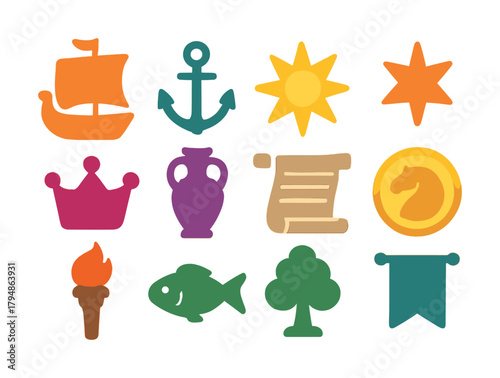 Colorful icons of nautical, historical, and natural themes