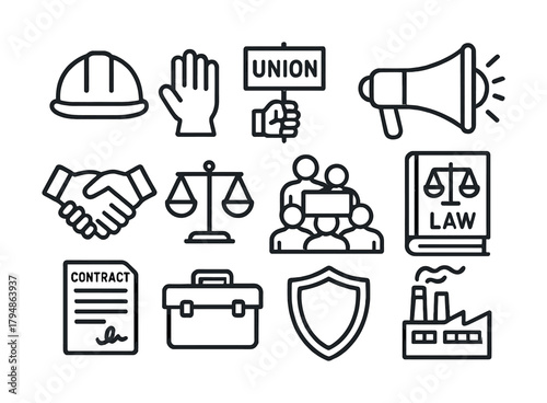 Labor rights icons: union, law, contract, megaphone, hard hat, safety, industry symbols
