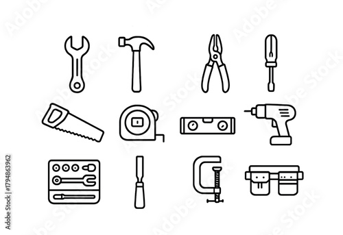 Essential hand tools line art: wrench, hammer, pliers, saw, screwdriver, tape, level, drill